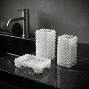 Set Salle de Bain 3 Pièces en Perles – Porte-Savon, Porte-Brosse à Dents & Rangement Maquillage Fait Main Élégant