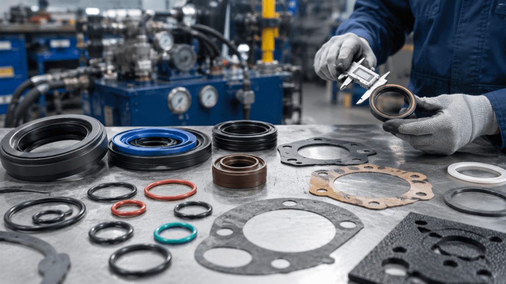Technicien industriel comparant plusieurs joints d’étanchéité hydrauliques et pneumatiques pour choisir le modèle adapté à une machine industrielle.