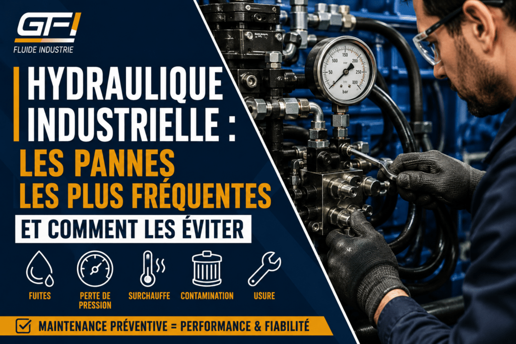 Technicien contrôlant un système hydraulique industriel avec flexibles, vérin, pompe et manomètre lors d’une opération de maintenance préventive.